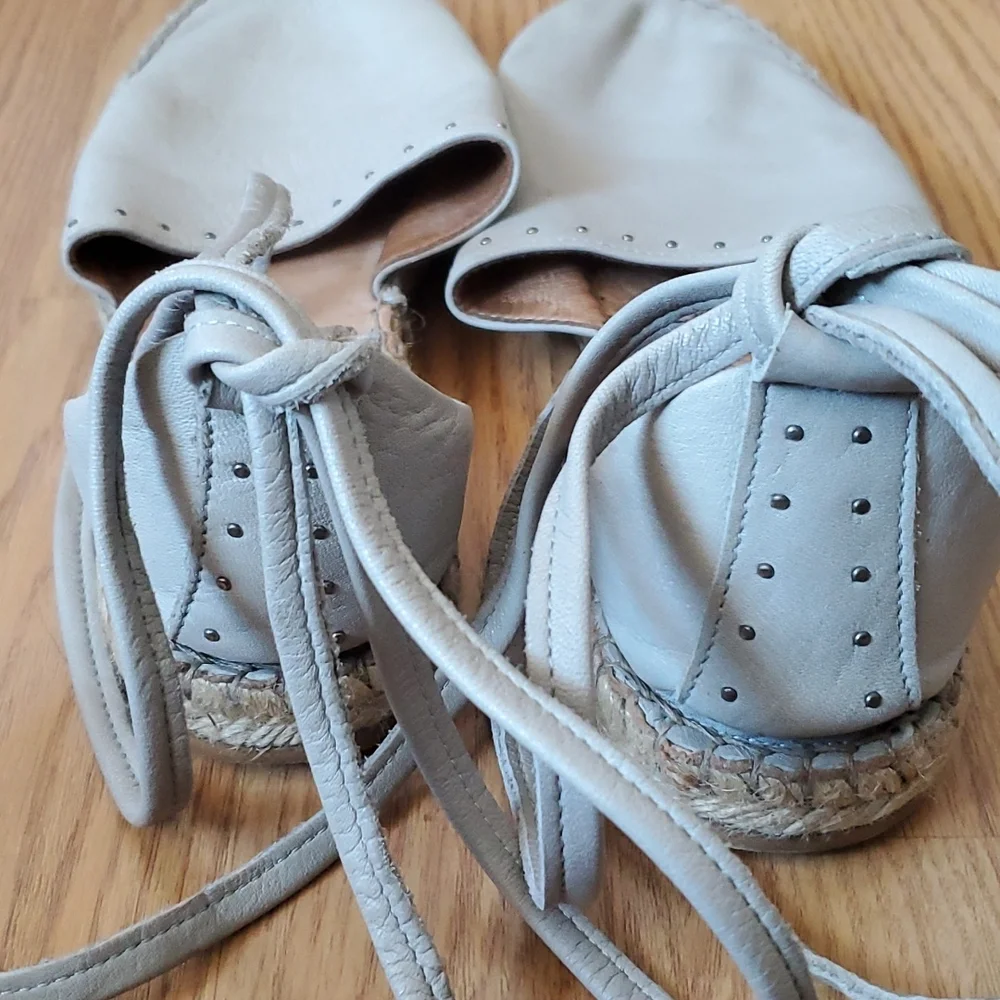 All Saints Light Gray Ankle Wrap Strap Leather Espadrilles Size 39/8